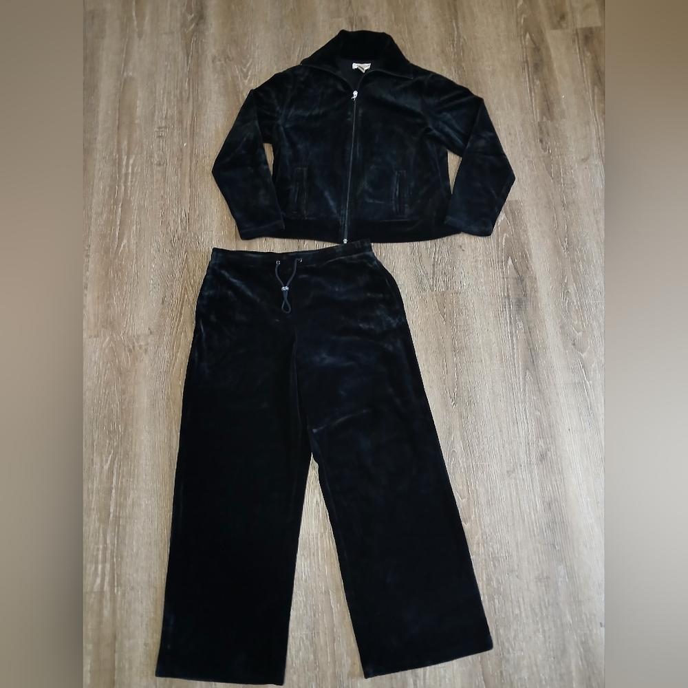 Talbots Black Velvet - Velour Sweatsuit- Zipper Jacket & Drawstring Pants, PL